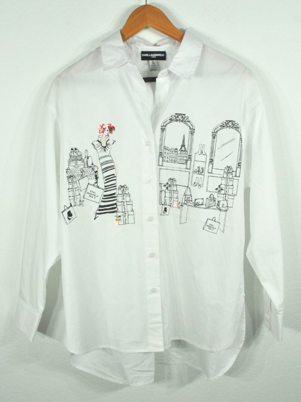 Karl Lagerfeld Womens M Paris White Button Down Shirt Paris Graphic Embellished
